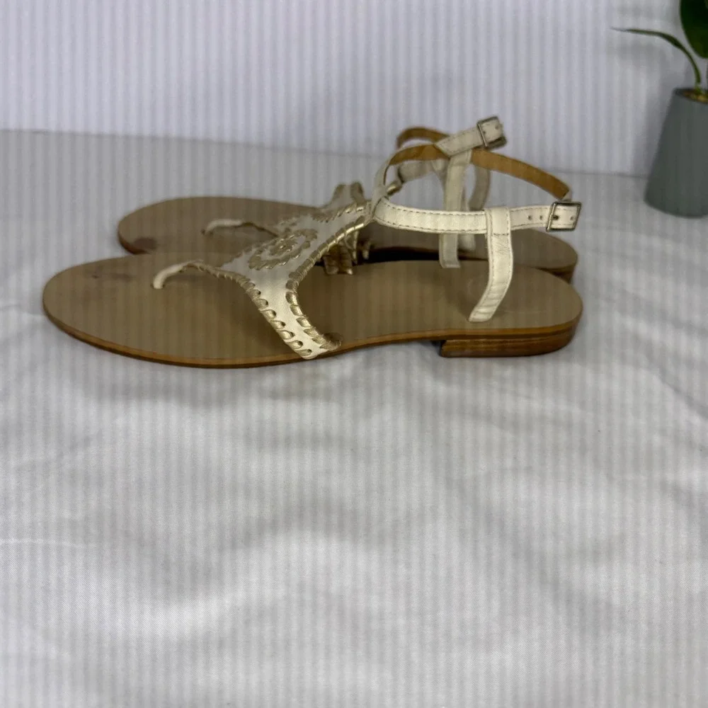 Jack Rogers Georgica Cream Gold Leather Whipstitch Ankle Strap Sandals Mens 9.5M